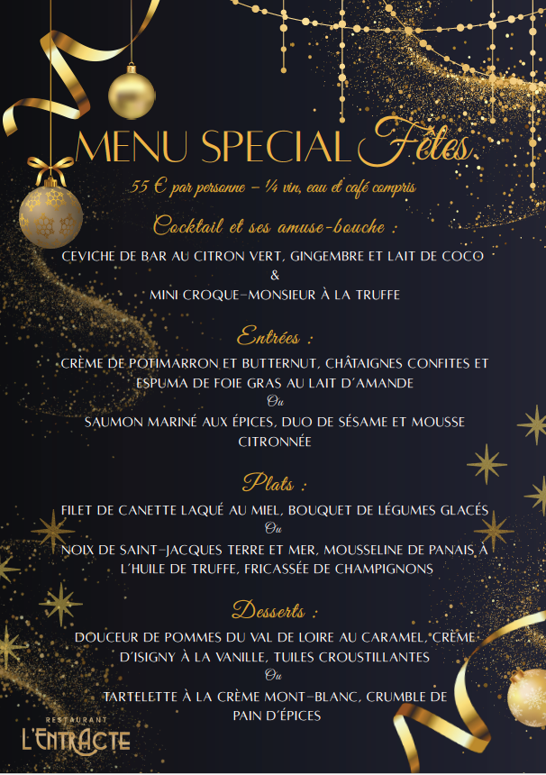 menu entracte fêtes Menu du réveillon restaurant L'Entracte